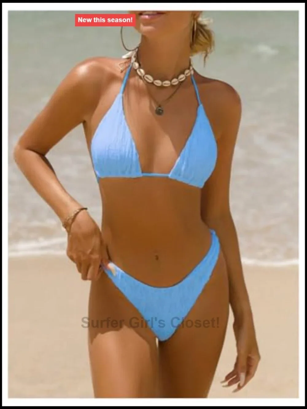 3 Piece Textured Thong Bikini Set Triangle String Halter Swimsuit with Cover Up - Picture 3 of 5